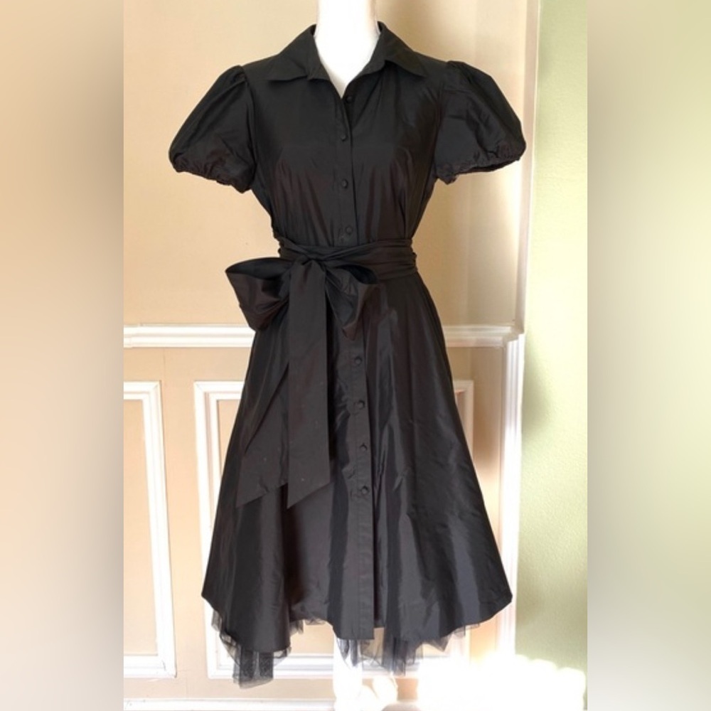 BCBGMaxAzria Black A-Line Peplum Dress with Puff Sleeves - Picture 2 of 16